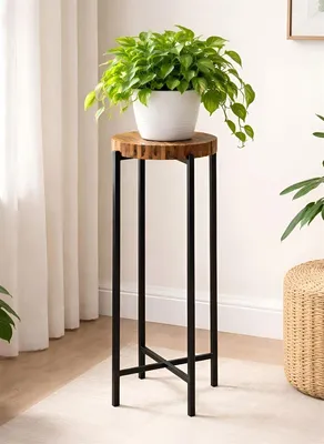 Produktbild von Pflanzenständer "Industrial" Blumenständer aus recyceltem Holz & Metall, Ø 33 x H 82 cm, Pflanzenhocker rund, Blumenhocker