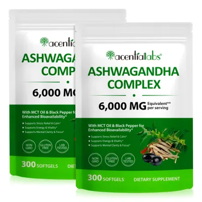 Image de Complexe d'extrait d'ashwagandha, hautement dosé, testé en laboratoire, végétalien, naturel, 2 x 300 gélules molles