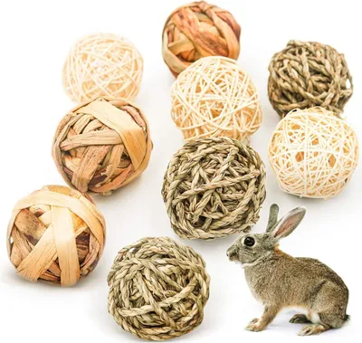 Produktbild von 9 Stück Kaubälle, Kleintiere Kauspielzeug, Grasspielzeug für Kaninchen Meerschweinchen Chinchilla Hasen, Natürliche Bälle Leckereien geflochten Strohhalm lustiges Spielzeug für Kleintiere