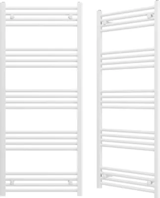 Two white towel radiators are shown side-by-side against a white background.