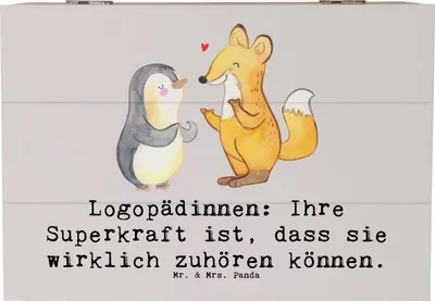 Produktbild von Mr. & Mrs. Panda Holztruhe Logopädin Superkraft 22 x 15 cm - Grau Pastell - Geschenk, Sprachtherapie, Berufsliebe, Kiste, Beruf, Einfühlungsvermögen, Geschenkbox, Geduld