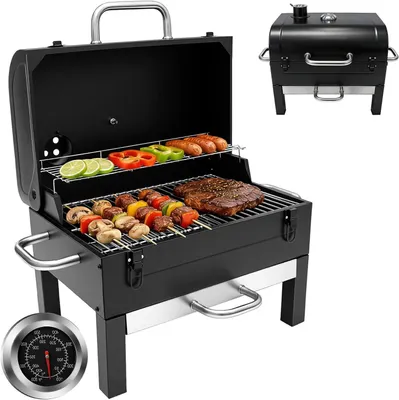 Image de Couvercle pour barbecue au charbon - Barbecue portable - Cuisine en extérieur - Thermomètre intégré - 48 x 32 cm - Noir
