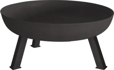 A black metal fire bowl with three legs is shown against a white background.