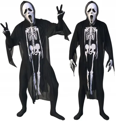 Produktbild von Skelett Kostüm Set 3-Teilig - Einheitsgröße - Schwarz Weiß - Halloween Geist Maske
