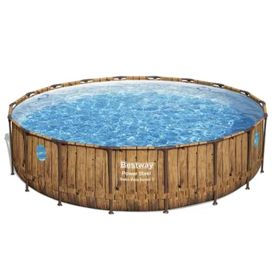 Produktbild von Bestway Round Power Steel Swim Vista Schwimmbad – Holzdruck – 549 x 122 – inklusive Pumpe – Leiter – Abdeckung Wartungspaket - Filter - Bodenfliesen