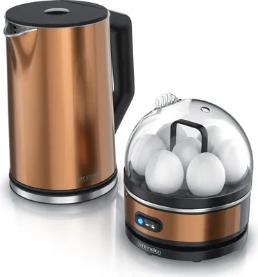 Produktbild von Arendo Frühstücksset, Wasserkocher ELEGANT mit Eierkocher SEVENCOOK Edelstahl Kupfer, Wasserkocher 1,5L, Eierkocher 1-7 Eier, Messbecher