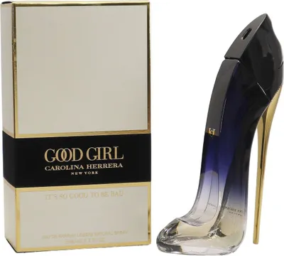 A perfume bottle shaped like a high-heeled shoe and its packaging are displayed against a white background.