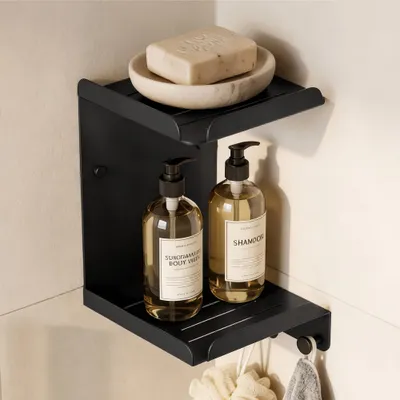 Immagine prodotto di doporro Mensola Doccia Angolare Acciaio al carbonio, Antiruggine, Mensola Bagno da Appendere Adesiva o con Foratura per Shampoo Sapone Bagnoschiuma, Nero, Reglo-14