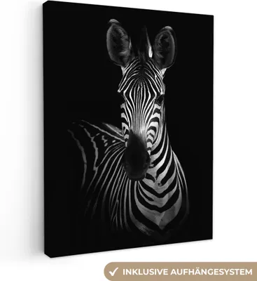Produktbild von MuchoWow® - Leinwandbilder - Zebra - Schwarz - Weiß - Tiere, Wandbild, Wanddeko Bilder Wohnzimmer, 30x40cm