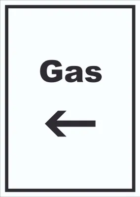 Produktbild von Gas Schild mit Text und Richtungspfeil links Anschluss hochkant A5 (148x210mm)
