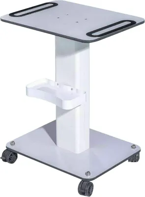 A white rolling trolley with a flat top surface, a small shelf, and a square base with wheels.