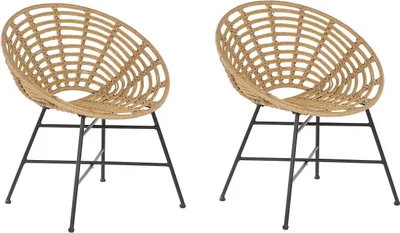 Zdjęcie produktu dla BELIANI Zestaw 2 krzeseł jasnobrązowy rattan czarne stalowe nogi plecione oparcie i siedzisko do jadalni pokoju na ogród balkon styl boho
