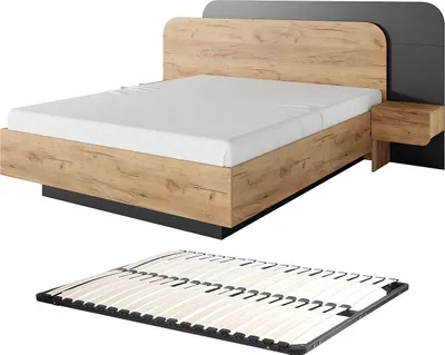 Produktbild von Bett mit Nachttischen 160 x 200 cm - Mit LED-Beleuchtung - Natur und anthrazit + Rahmen - DESADO