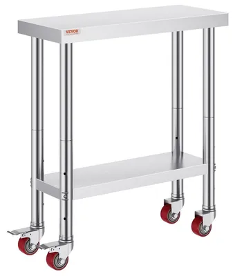 Image de Table de travail en acier inoxydable pour la restauration, 76 x 30 cm, table de cuisine professionnelle à 4 roulettes, plan de travail professionnel pour la préparation des aliments avec tablette réglable, table de préparation pour cuisine