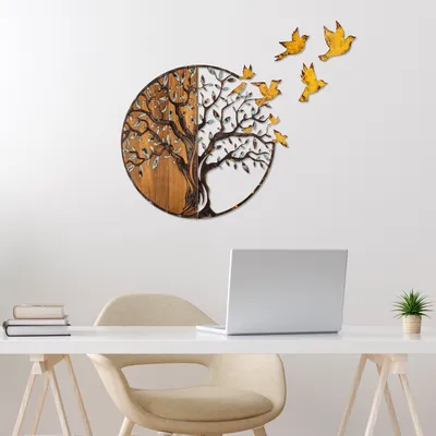 Image de Wallity, Tree And Birds - 322-A, Accessoire mural décoratif en bois, Multicolore, 100 % BOIS / MÉTAL, 92 x 3 x 71 cm