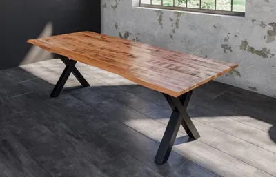 Produktbild von Esstisch Dora 240 x 100 cm, Mangoholz massiv, lackiert & naturfarben, Baumkantentisch mit X-Metallgestell in Mattschwarz, echte Baumkante, 26 mm