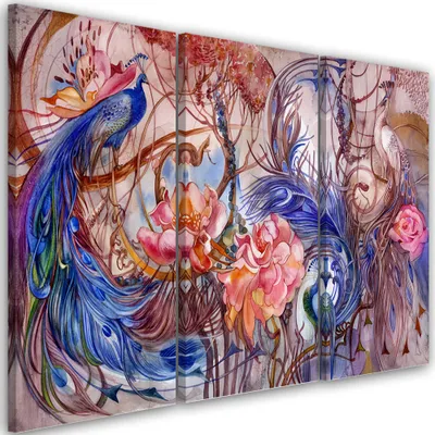 Zdjęcie produktu dla Obraz tryptyk na płótnie, Magiczny paw 60x40 cm Feeby niebieski obraz na ścianę gotowy do powieszenia