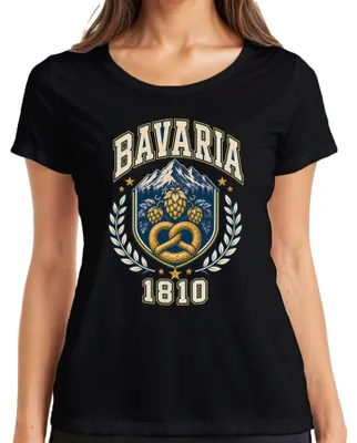 Imagen del producto de Baviera, 1810, , Brezel bávara, lúpulo, montañas, pantalones de cuero tradicionales, camiseta para mujer, negra, talla L