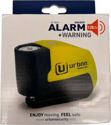 The image shows the packaging of a disc lock alarm.