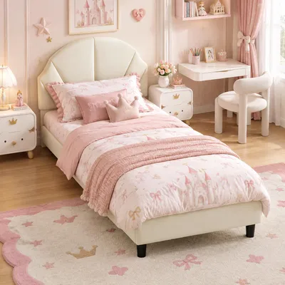 Produktbild von INONEFT Kinderbett Polsterbett 90x190cm, Einzelbett mit verstellbarem Kopfteil und Lattenrost, Jugendbett für Mädchen und Teenager, Samt, Beige