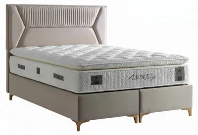 Image de Lit avec matelas, style moderne, revêtement en tissu beige, lit avec espace de rangement