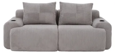 Zdjęcie produktu dla Sofa dwuosobowa obita szarą tkaniną welurową, z uchwytem na kubek i kieszenią boczną