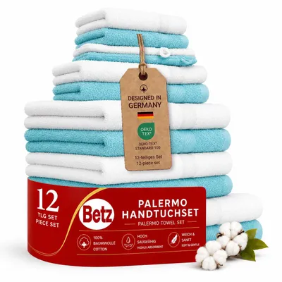 Produktbild von Betz 12-TLG. Handtuch-Set Palermo 100% Baumwolle 2 Liegetücher 4 Handtücher 2 Gästetücher 2 Seiftücher 2 Waschhandschuhe Farbe türkis und weiß
