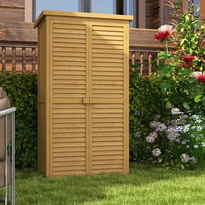 Produktbild von Gartenschrank Tannenholz, Geräteschuppen 3 Regale Lamellentür wetterbeständig, Gerätehaus Naturholz, Braun | 87 x 46,5 x 160 cm | 17,6 kg
