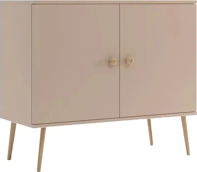 Produktbild von Bettso Kommode mit 2 Türen minimalistisches Sideboard im skandinavischen Stil auf Holzbeinen Griffe aus Jute für Wohnzimmer Schlafzimmer IKON Beige