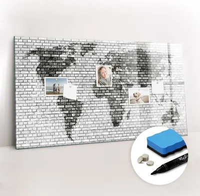 Produktbild von Magnetpinnwand Memoboard - Zubehörsatz - Schwarzer Marker + Schwamm + Magnete - 120 x 60 cm - Weltkarte aus Backsteinmauern