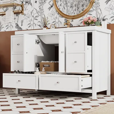 Produktbild von Flieks Badezimmerschrank mit vier Schubladen, doppelte Schranktüren mit Soft-Close-Funktion, integriertes Harzbecken, Waschtisch, Holzschrank, Weiß