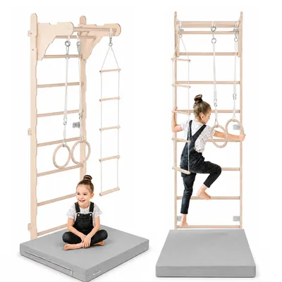 Immagine prodotto di Scala ginnica per bambini (210 cm), Scala a muro in legno, Struttura per arrampicata per bambini, Ruote ginniche, Materasso protettivo