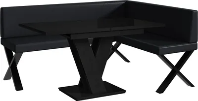 Produktbild von MEBLINI Eckbank für Esszimmer mit ausziehbarem Tisch  - Küchenbank - Essecke - Sitzecke Küche - ERIC - X-Beine 128x168x87cm Rechts - Schwarz Kunstleder/M Schwarz Hochgl.