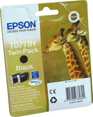 Produktbild von Epson Giraffe Doppelpack Schwarz T0711H Tintenpatronen DURABrite Ultra, Low Yield, Schwarz, Tinte auf Pigmentbasis, 11,1 ml, 1 Stück(e), Doppelpack