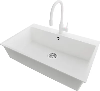 Produktbild von PRIMAGRAN Granitspüle Weiß 78x50cm, Spülbecken 1 Becken + Küchenarmatur 38x14cm + Ablauf-Set, Küchenspüle ab 80er Unterschrank - Riga
