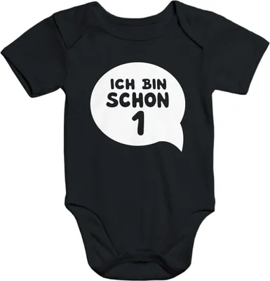 Produktbild von Kurzarm Baby-Body Geburtstag Ich bin schon 1 Jahr Eins Geschenk Strampler Baumwolle Moonworks® schwarz 0-3 Monate
