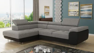 Zdjęcie produktu dla Narożnik Caris z funkcją spania i regulowanymi zagłówkami, zestaw wypoczynkowy, zestaw kanapowy, pojemnik na pościel, zestaw sof, kanapa, sofa (czarny + szary (Soft 011 + Sawana 21), narożnik lewy)
