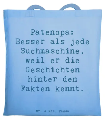 Produktbild von Mr. & Mrs. Panda Shopping Tasche Spruch Patenopa Geschichten - Sky Blue - Geschenk, Überlieferungen, Lebensweisheit, Jubiläen, handgemacht, Wertschätzung, Beutel