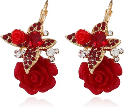 Produktbild von 1 Paar Damen-Ohrringe, Blumen-Strasssteine, Vintage-Galvanik, langlebig, Ohrschnalle, Ohrringe für Hochzeit-Rot