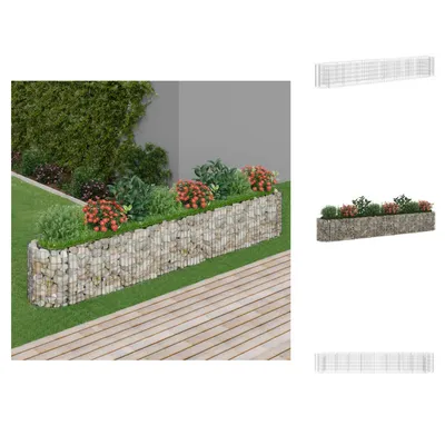A gabion planter filled with plants and flowers, situated on a lawn next to a wooden deck.