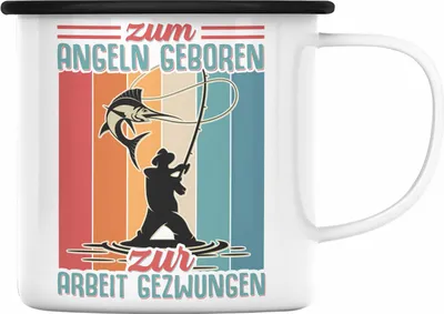 Produktbild von Trendation - Angler Fischer Emaille Tasse zum Angeln Geboren Geschenk Raubfische Hobbyangler Angeln Emaille Emaille Tasse Zubehör (Schwarz)
