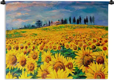 Produktbild von MuchoWow® Wandteppich Wandbehang Ölfarbe - Gemälde - Blumen - Sonnenblume 120x90 cm Tapisserie Dekoration Wandtuch - Wohnen - Aufhänger für die Wand