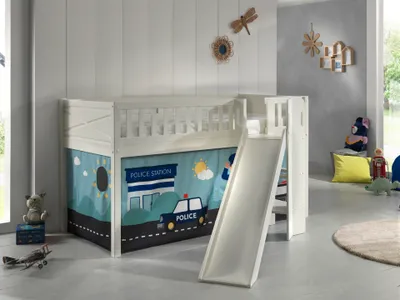 Produktbild von VIPACK - Spielbett SCOTT, LF 90 x 200 cm, mit Rolllattenrost, Rutsche, Leiter und Textilset "Police", weiß lackiert