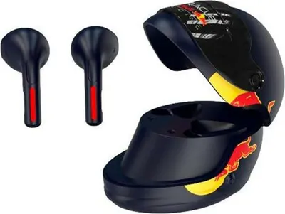A pair of black wireless earbuds and their charging case, designed to resemble a racing helmet with Red Bull branding.