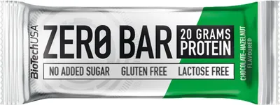 Obrázok produktu pre BioTechUSA Zero Bar, Čokoláda, Lieskový orech, 50 g, vaječný proteín, sójový proteín, pšeničný proteín, vitamín E, 177 kcal, 353 kcal