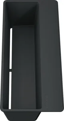 A top-down view of a dark gray sink organizer.