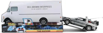 A toy DeLorean time machine is shown next to a toy van, both on display packaging.