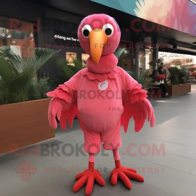 Produktbild von Roter REDBROKOLY Flamingo Maskottchen Kostüm charakter bekleidet mit einem langärmligen T-Shirt und Wraps