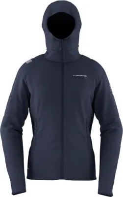 Dunkelblaue Insulationsjacke "Aequilibrium Lite" von La Sportiva; mit Kapuze und enganliegendem Schnitt.
