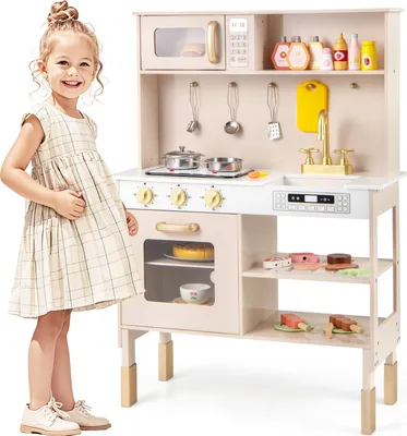 Immagine prodotto di Cucina per bambini COSTWAY, cucina da gioco regolabile in altezza con accessori da cucina, luci e suoni, microonde, fornelli, lavello e forno, cucina in legno, cucina giocattolo per bambini 3+